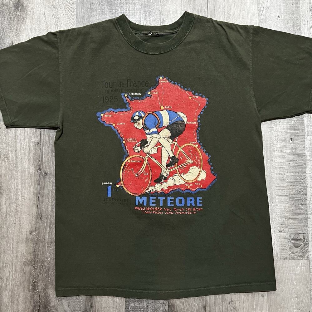 Vintage 1925 Tour De France Poster Cycling Green Meteore T Shirt Size Large